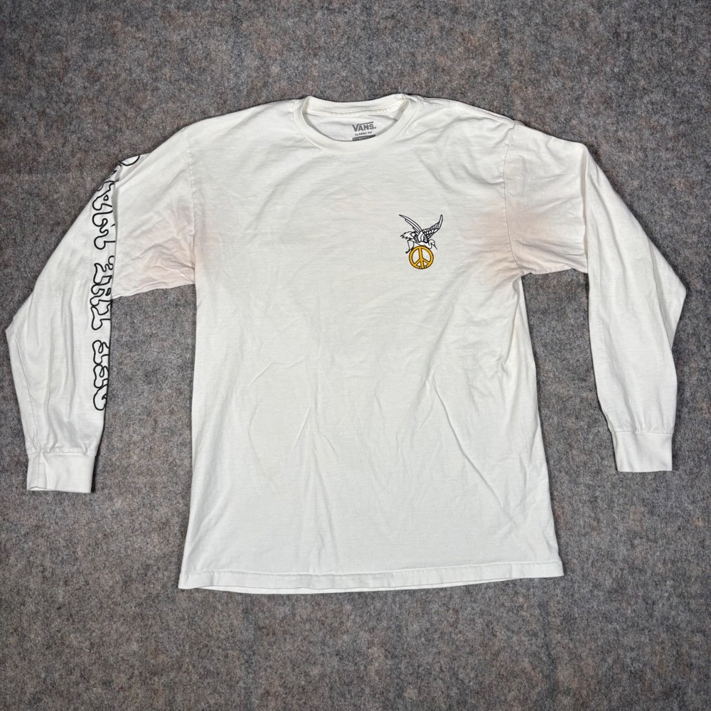Vans Graphic T-Shirt Mens M White Long Sleeve Off The Wall Sun Peace Skater READ